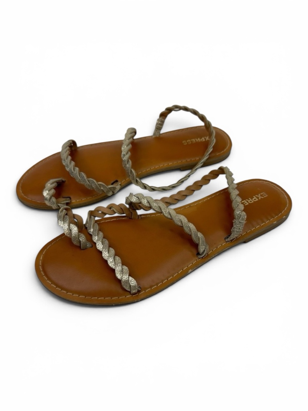 Express Metallic Braided Strappy Flat Sandals Gold Cognac Boho Size 8